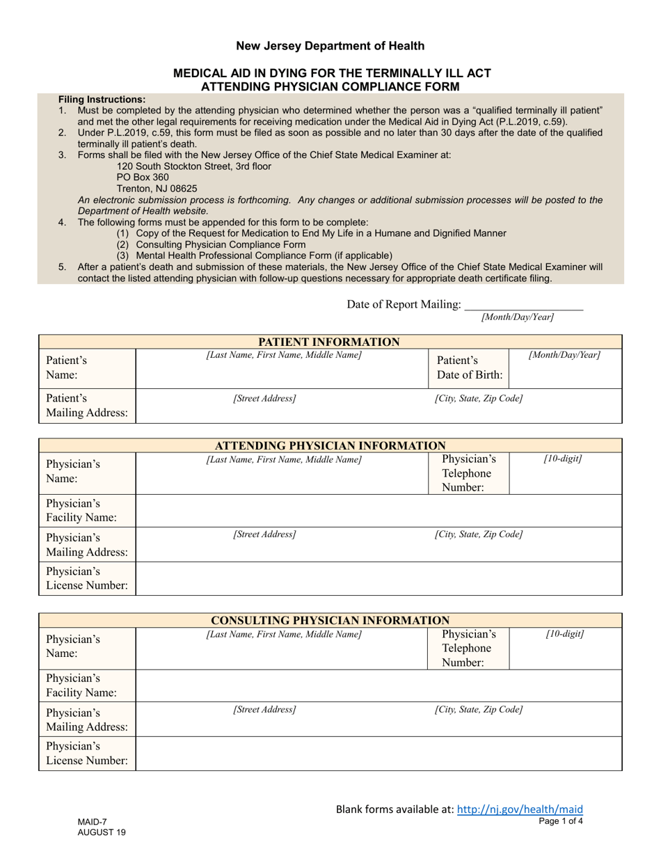 Form MAID-7 Attending Physician Compliance Form - New Jersey, Page 1