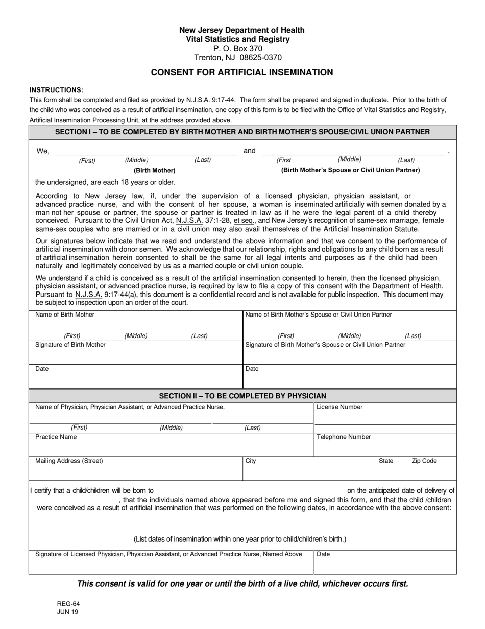Form REG-64 Consent for Artificial Insemination - New Jersey, Page 1