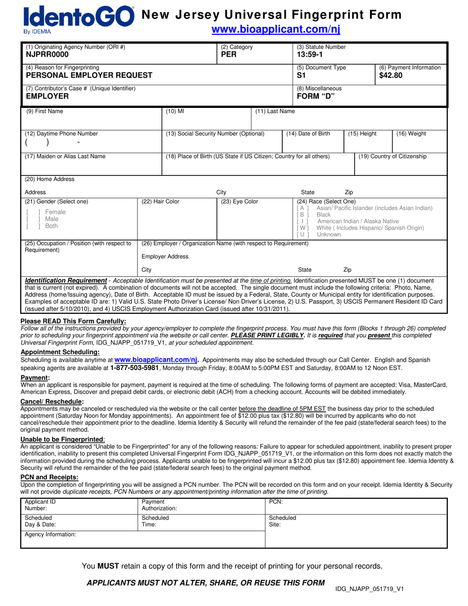New Jersey Universal Fingerprint Form - Personal Employer Request - New Jersey, Page 1