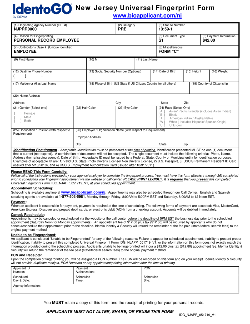 New Jersey Universal Fingerprint Form - Personal Record Employee - New Jersey, Page 1