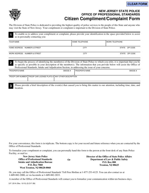 Form S.P.251A Citizen Compliment/Complaint Form - New Jersey