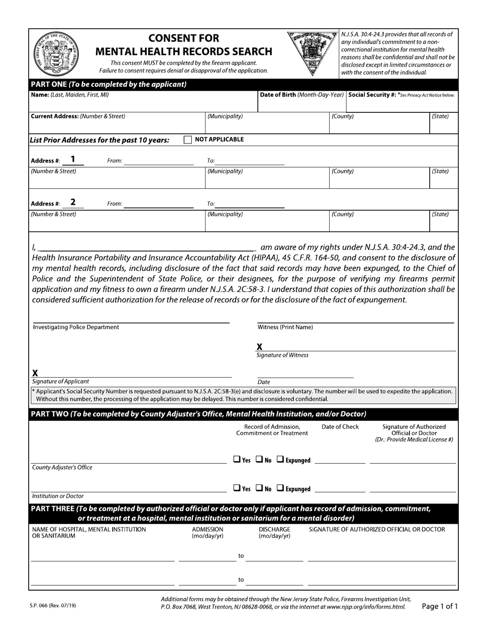 Form S.P.066 Consent for Mental Health Records Search - New Jersey, Page 1