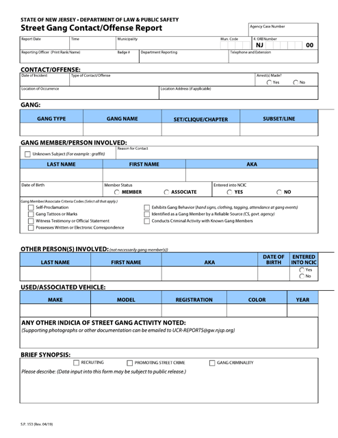 Form S.P.153 Street Gang Contact/Offense Report - New Jersey