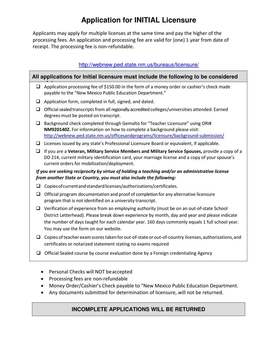 Application for Initial New Mexico Licensure - New Mexico, Page 1