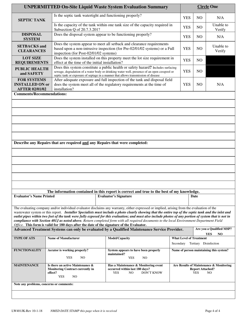 Form LW401JK Unpermitted Onsite Liquid Waste System Evaluation Report - New Mexico, Page 4