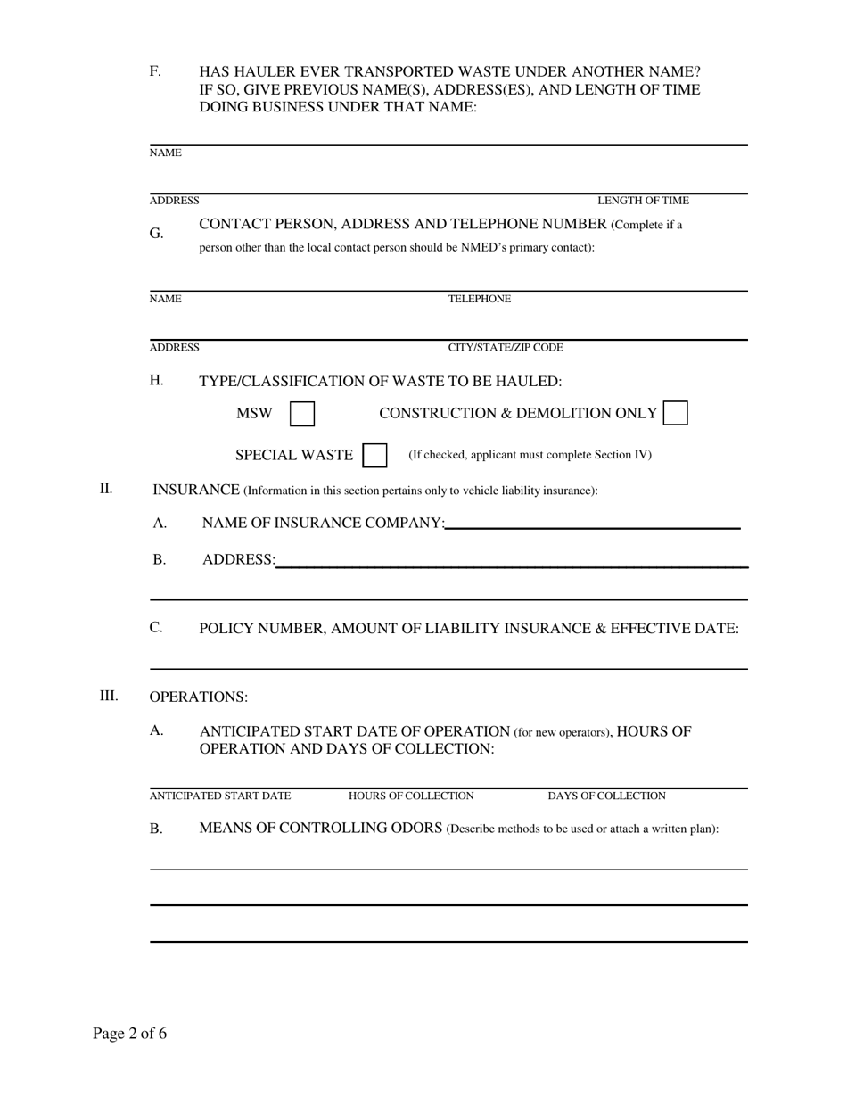 Commercial Hauler  Special Waste Hauler Registration Form - New Mexico, Page 2