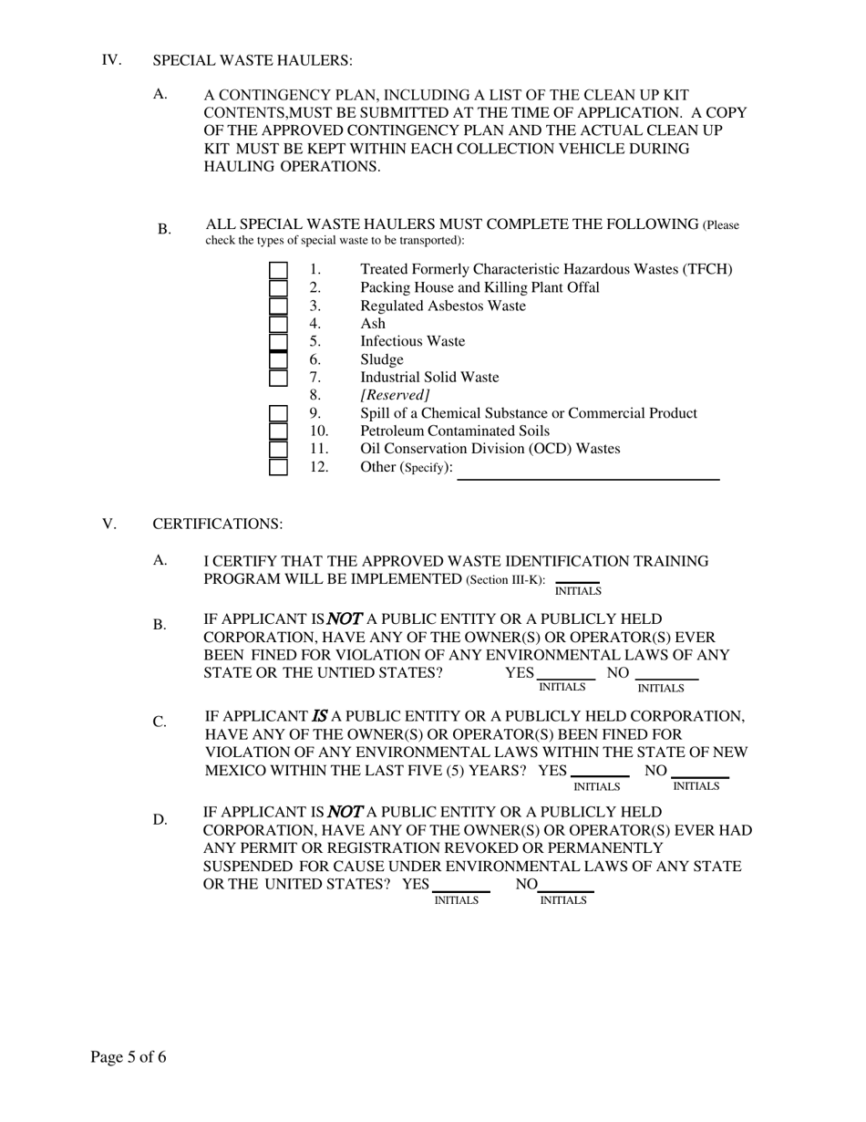 Commercial Hauler  Special Waste Hauler Registration Form - New Mexico, Page 5