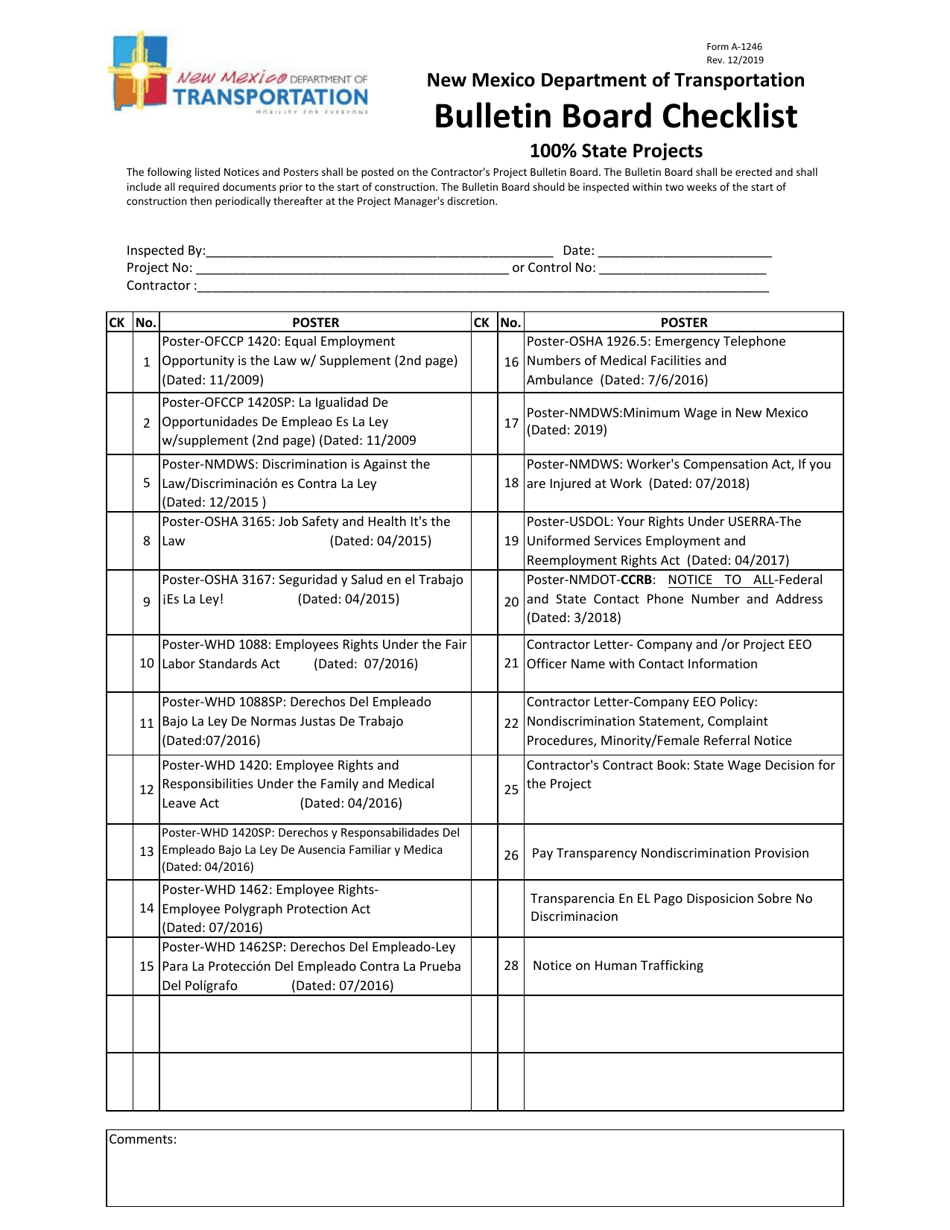 Form A-1246 Bulletin Board Checklist 100% State Projects - New Mexico, Page 1