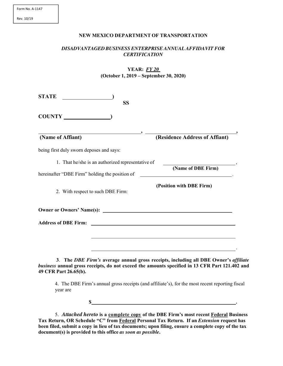 Form A-1147 Disadvantaged Business Enterprise Annual Affidavit for Certification - New Mexico, Page 1