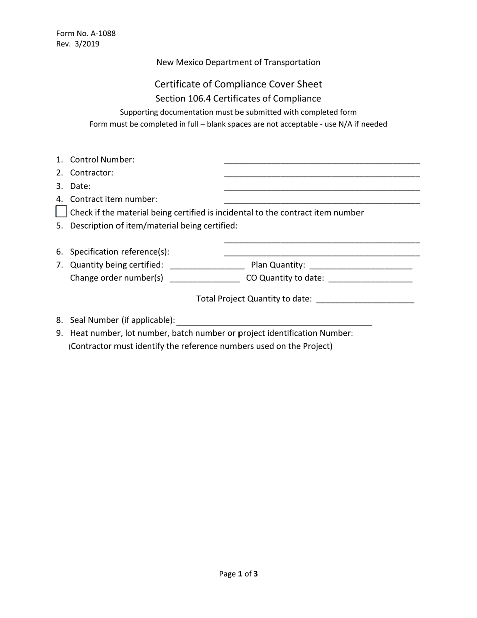 Form A-1088 Certificate of Compliance Cover Sheet - New Mexico, Page 1