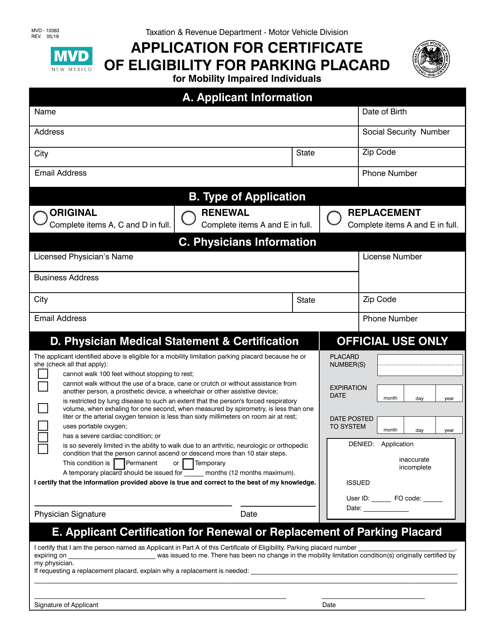 Form MVD-10383 Application for Certificate of Eligibility for Parking Placard for Mobility Impaired Individuals - New Mexico