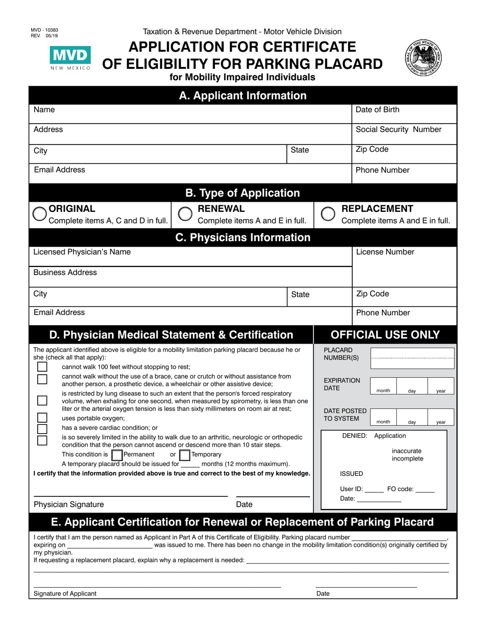 Form MVD-10383 Application for Certificate of Eligibility for Parking Placard for Mobility Impaired Individuals - New Mexico, Page 1