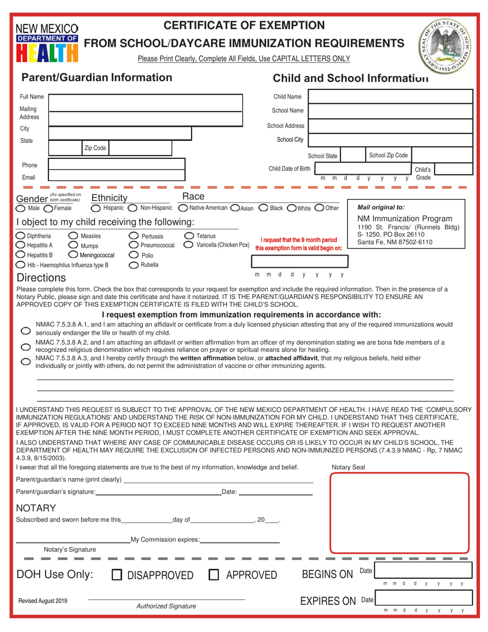 Certificate of Exemption From School / Daycare Immunization Requirements - New Mexico, Page 2
