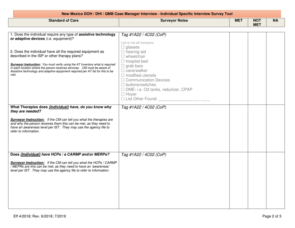 New Mexico Doh / Dhi / Qmb Case Manager Interview - Individual Specific Interview Survey Tool - New Mexico, Page 2