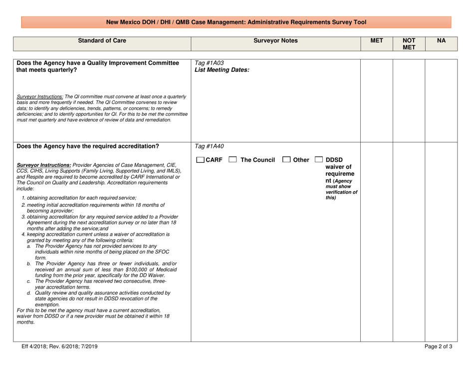 New Mexico Doh / Dhi / Qmb Case Management: Administrative Requirements Survey Tool - New Mexico, Page 2