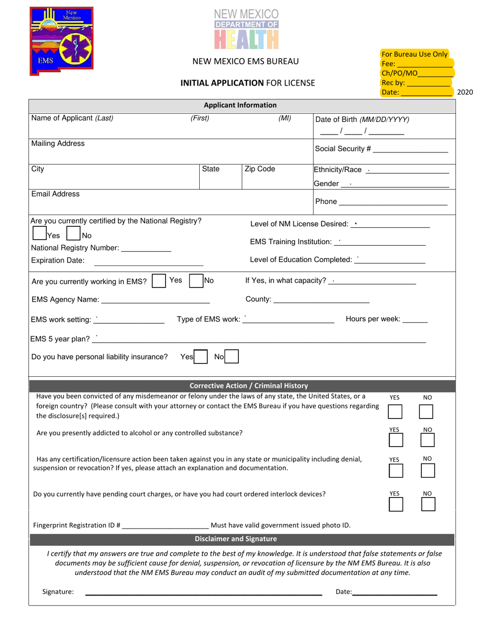 Initial Application for License - New Mexico, Page 1