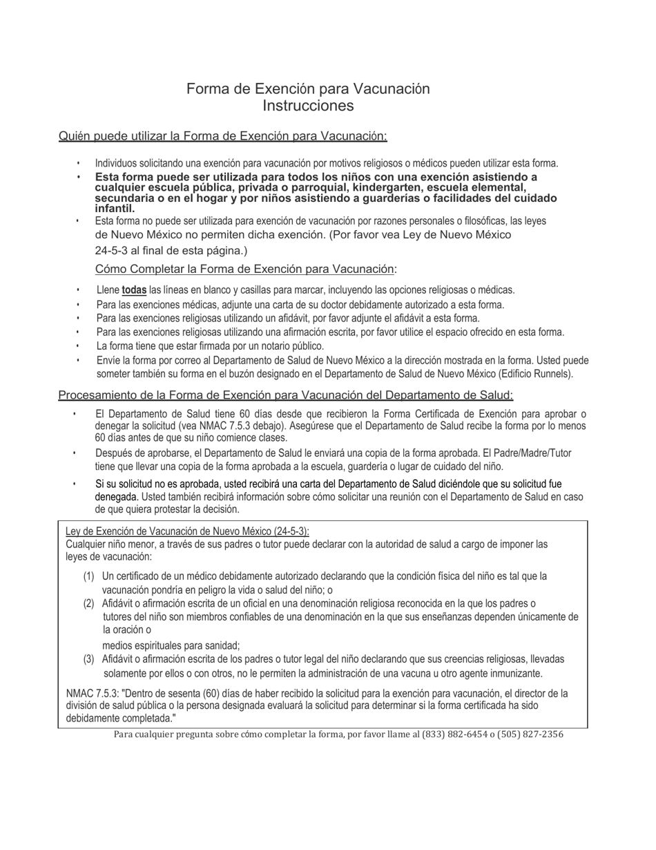 Certificado De Exencionde Los Requisitos De Vacunacion Escolar / Guarderias - New Mexico (Spanish), Page 1
