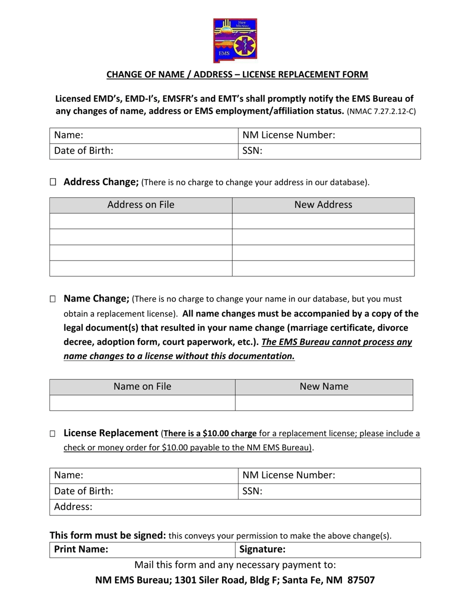 Change of Name / Address - License Replacement Form - New Mexico, Page 1