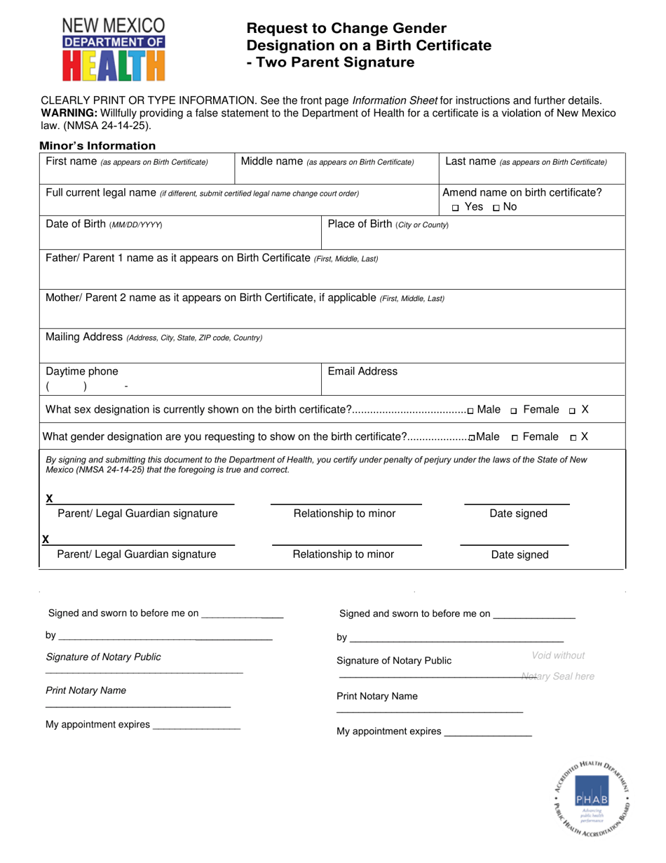 Request to Change Gender Designation on a Birth Certificate - Two Parent Signature - New Mexico, Page 2
