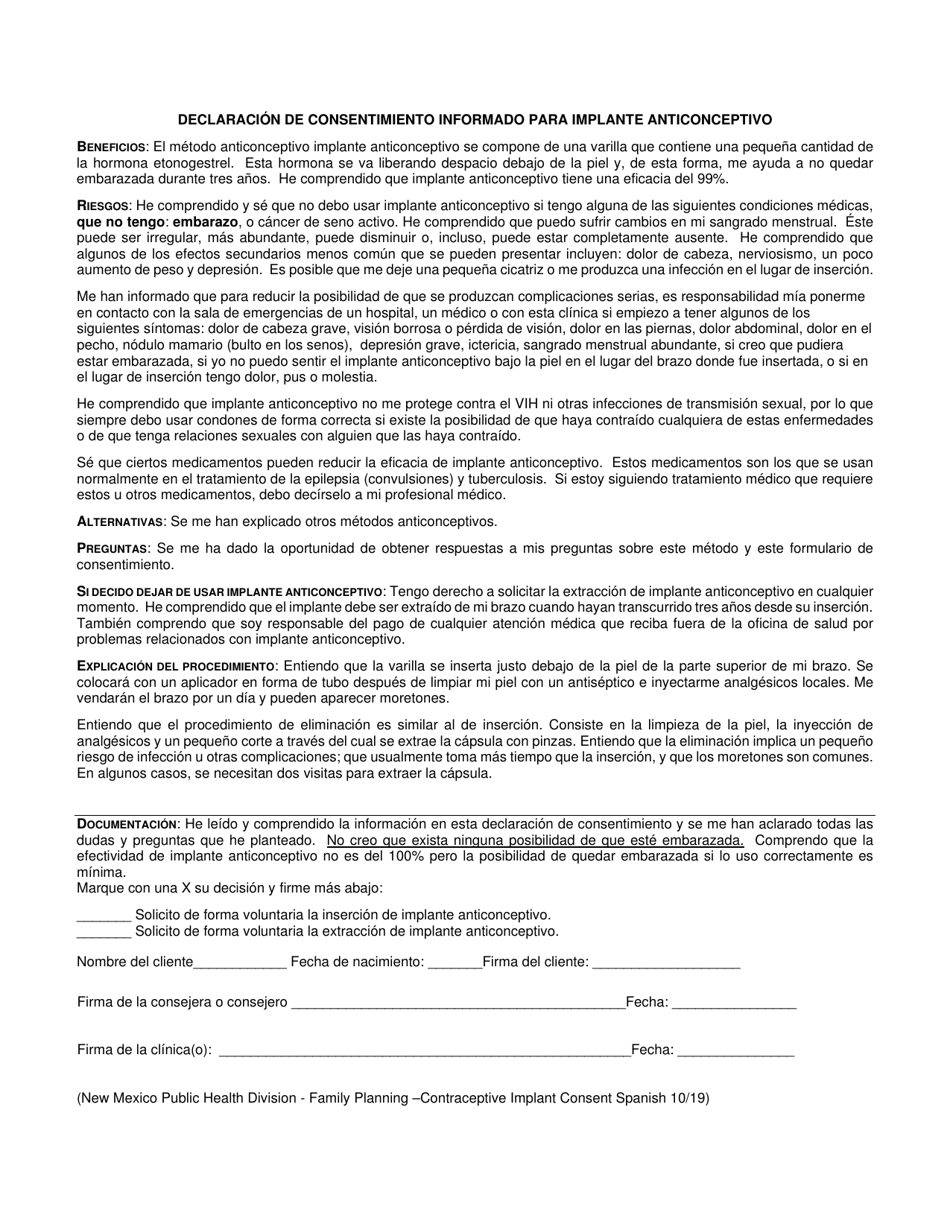 Declaracion De Consentimiento Informado Para Implante Anticonceptivo - New Mexico (Spanish), Page 1
