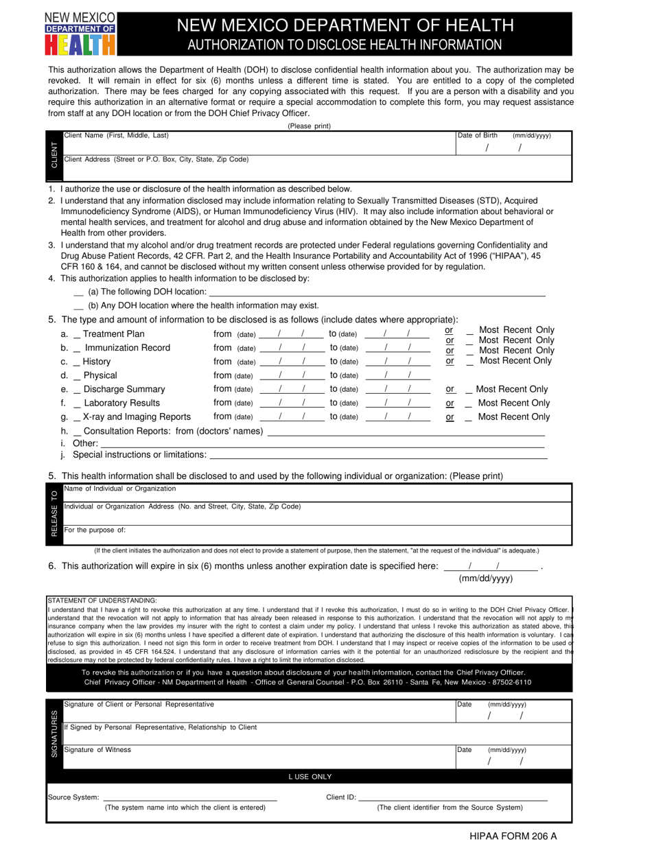 HIPAA Form 206 A Authorization to Disclose Health Information - New Mexico, Page 1