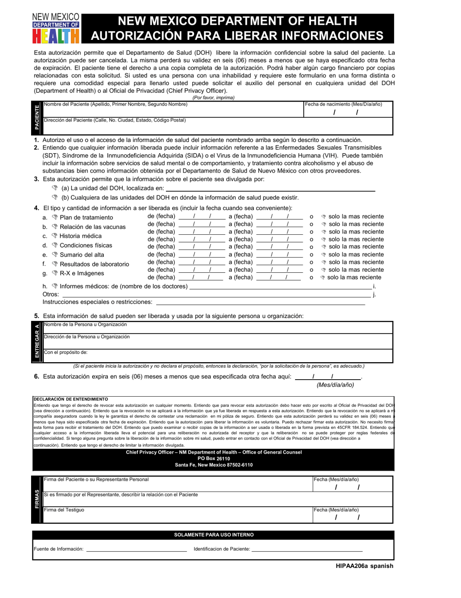 HIPAA Formulario 206 A Autorizacion Para Liberar Informaciones - New Mexico (Spanish), Page 1