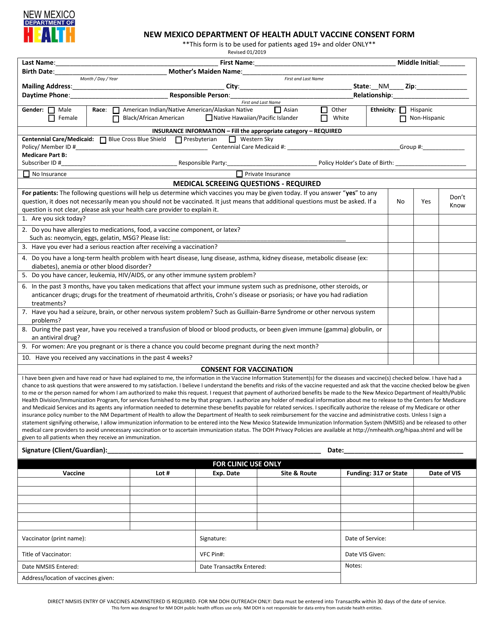 New Mexico Department of Health Adult Vaccine Consent Form - New Mexico Download Pdf