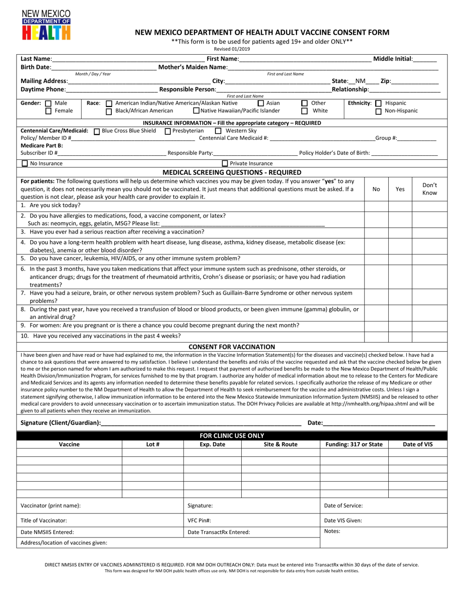 New Mexico Department of Health Adult Vaccine Consent Form - New Mexico, Page 1