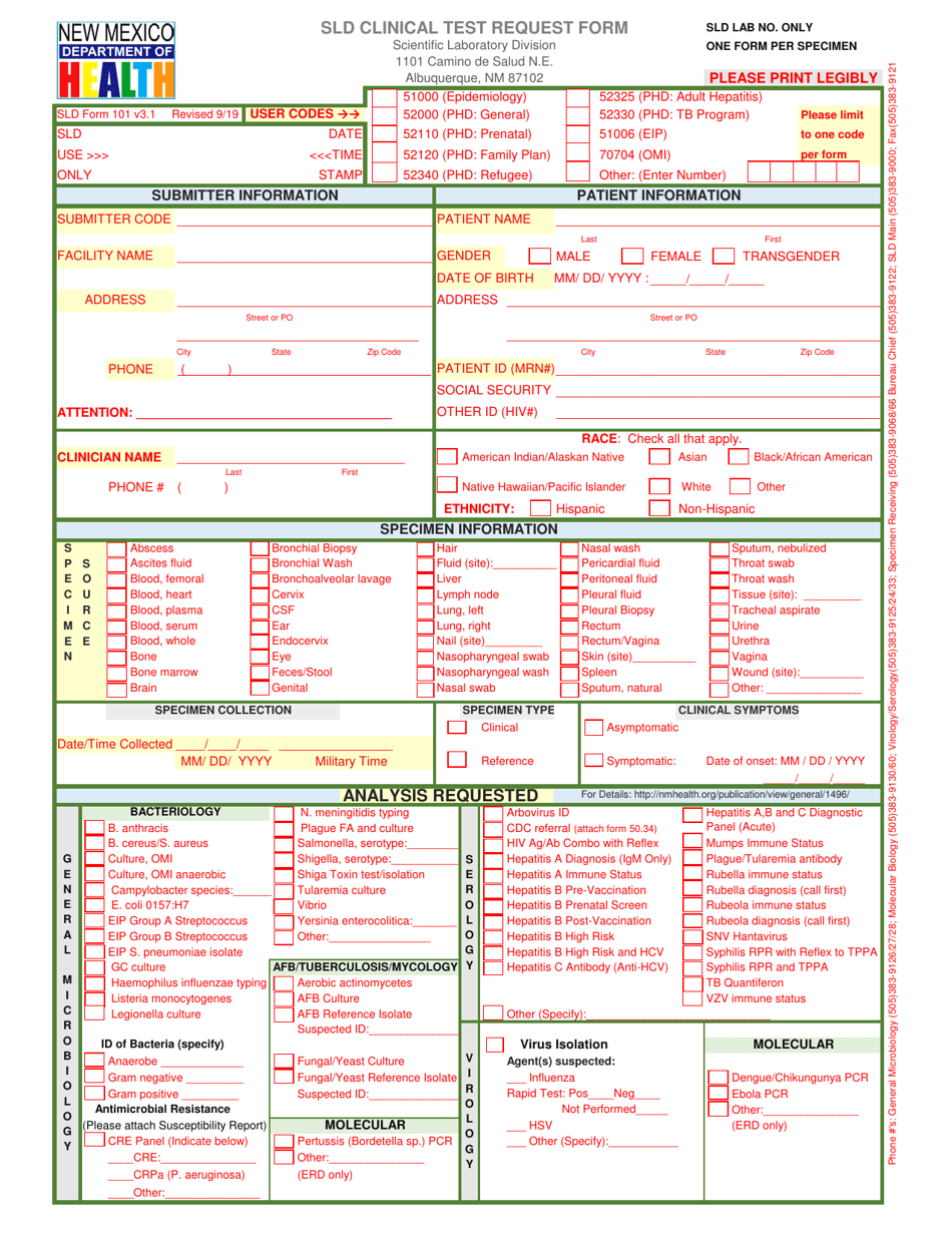 Form 101 Sld Clinical Test Request Form - New Mexico, Page 1