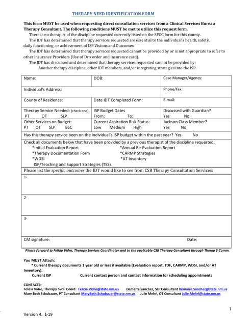 Therapy Need Identification Form - New Mexico Download Pdf