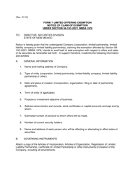 Form Y &quot;Limited Offering Exemption. Notice of Claim of Exmption. Under Section 58-13c-202y, Nmsa 1978&quot; - New Mexico