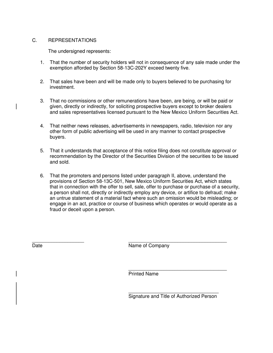 Form Y Limited Offering Exemption. Notice of Claim of Exmption. Under Section 58-13c-202y, Nmsa 1978 - New Mexico, Page 2