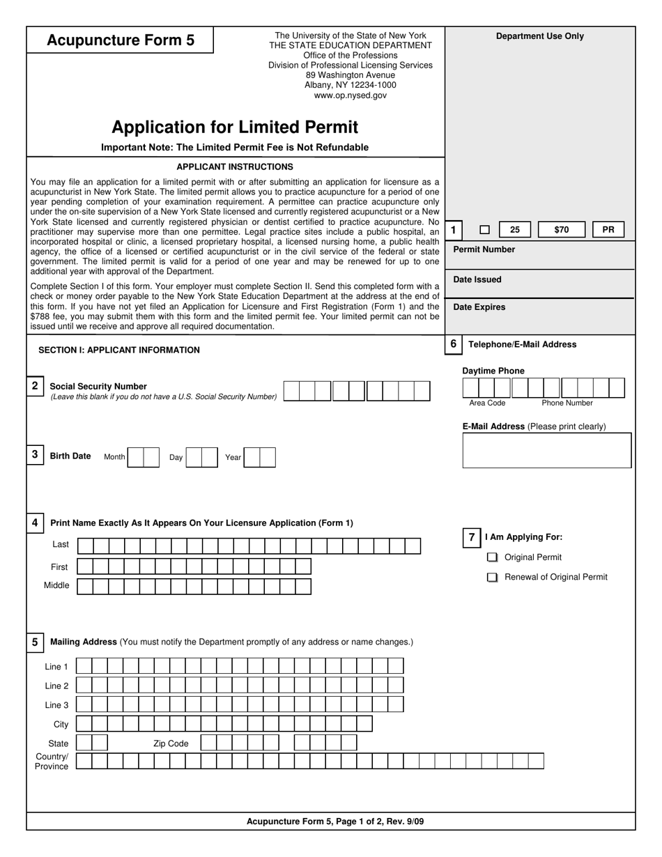 Acupuncture Form 5 Application for Limited Permit - New York, Page 1
