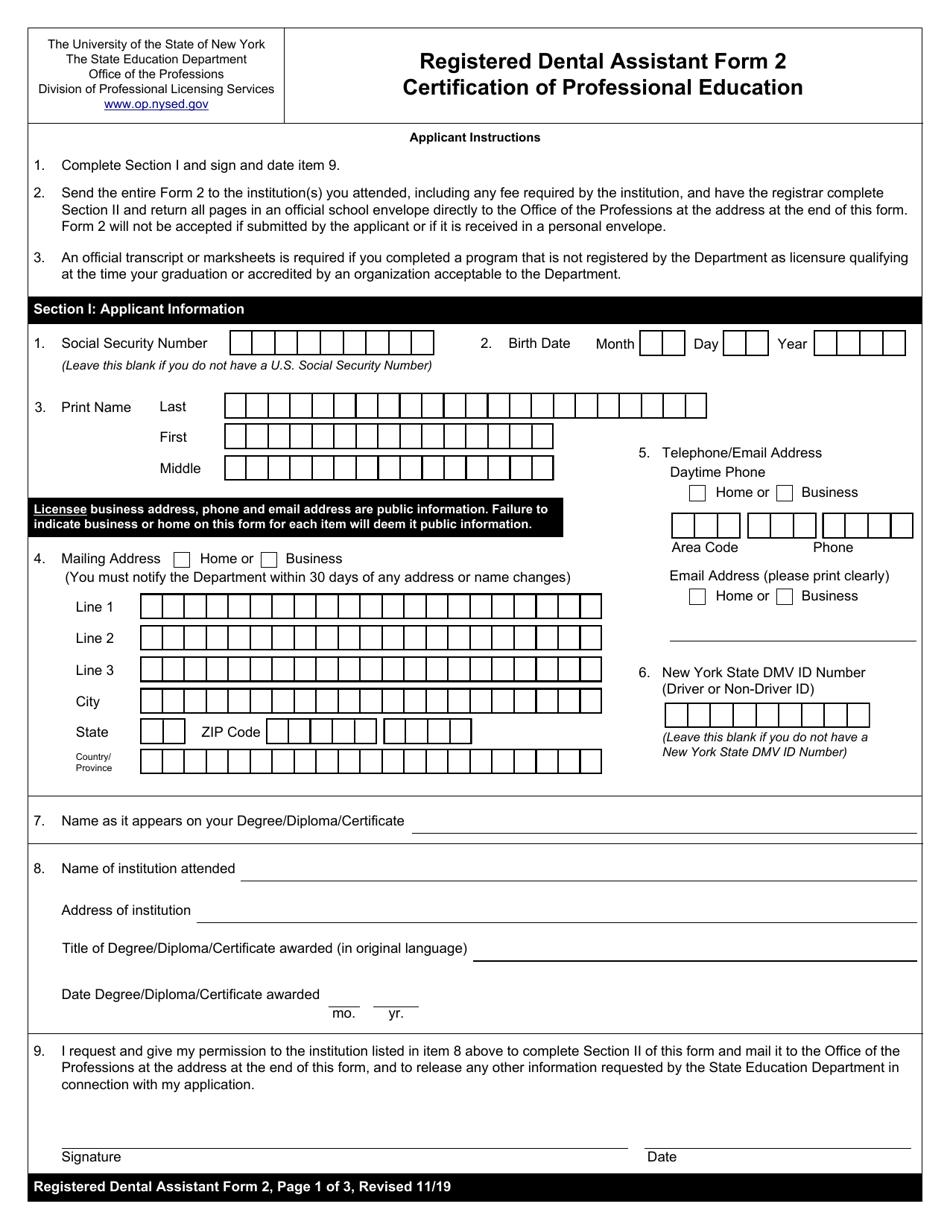 Registered Dental Assistant Form 2 Certification of Professional Education - New York, Page 1