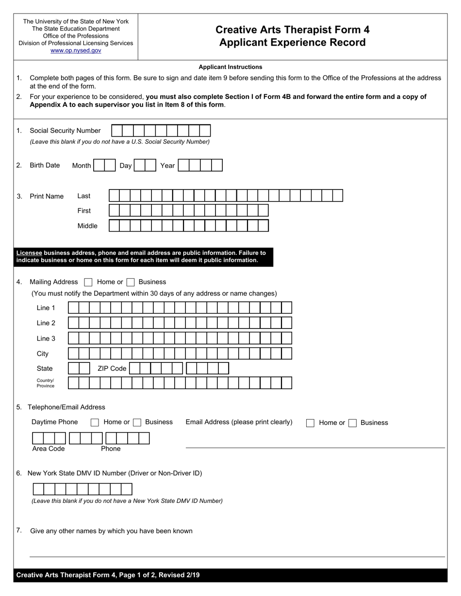 Creative Arts Therapist Form 4 Applicant Experience Record - New York, Page 1