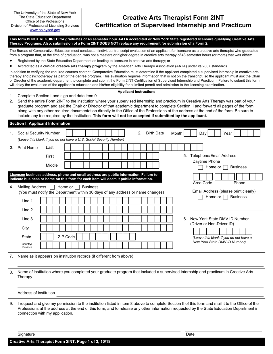 Creative Arts Therapist Form 2INT Certification of Supervised Internship and Practicum - New York, Page 1