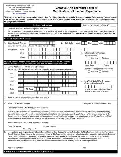 Creative Arts Therapist Form 4F  Printable Pdf