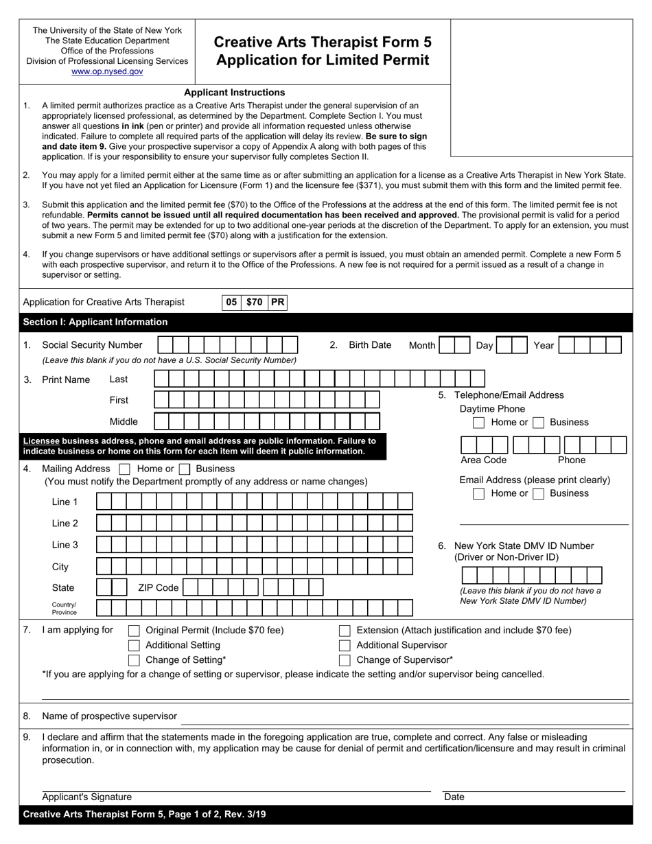 Creative Arts Therapist Form 5 Application for Limited Permit - New York, Page 1