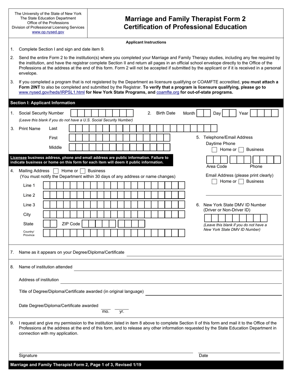 Marriage and Family Therapist Form 2 Certification of Professional Education - New York, Page 1