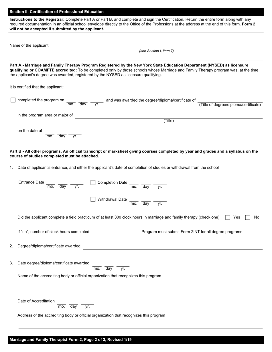 Marriage and Family Therapist Form 2 Certification of Professional Education - New York, Page 2