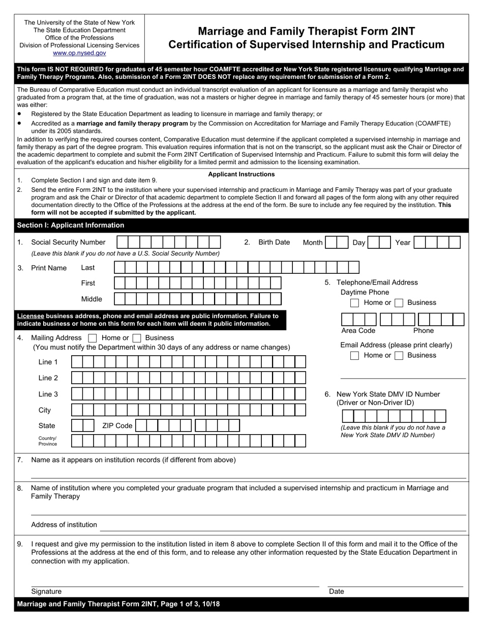Marriage and Family Therapist Form 2INT Certification of Supervised Internship and Practicum - New York, Page 1