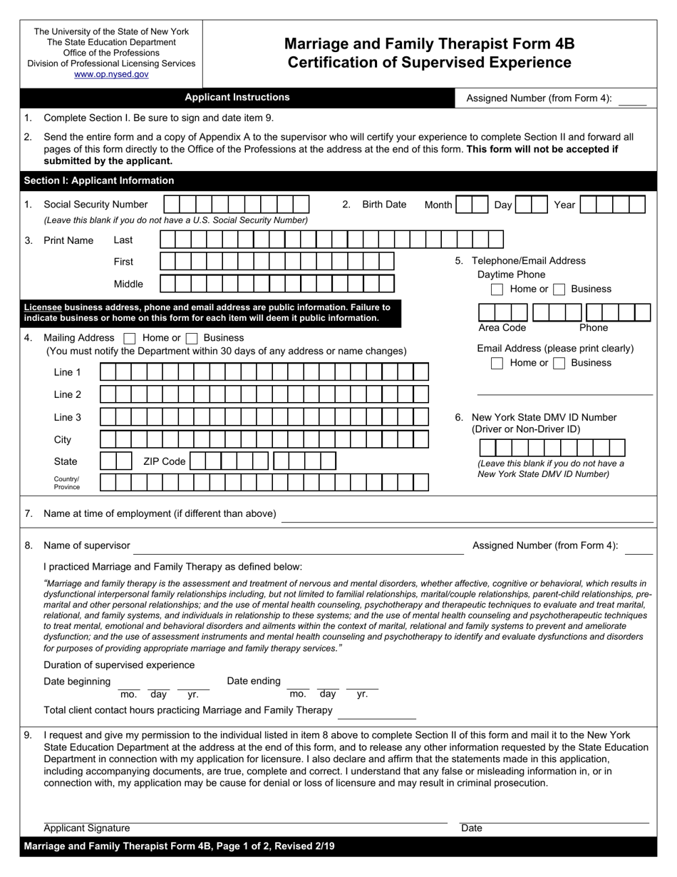 Marriage and Family Therapist Form 4B Certification of Supervised Experience - New York, Page 1