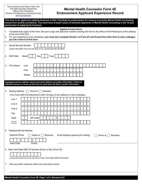 Mental Health Counselor Form 4E  Printable Pdf