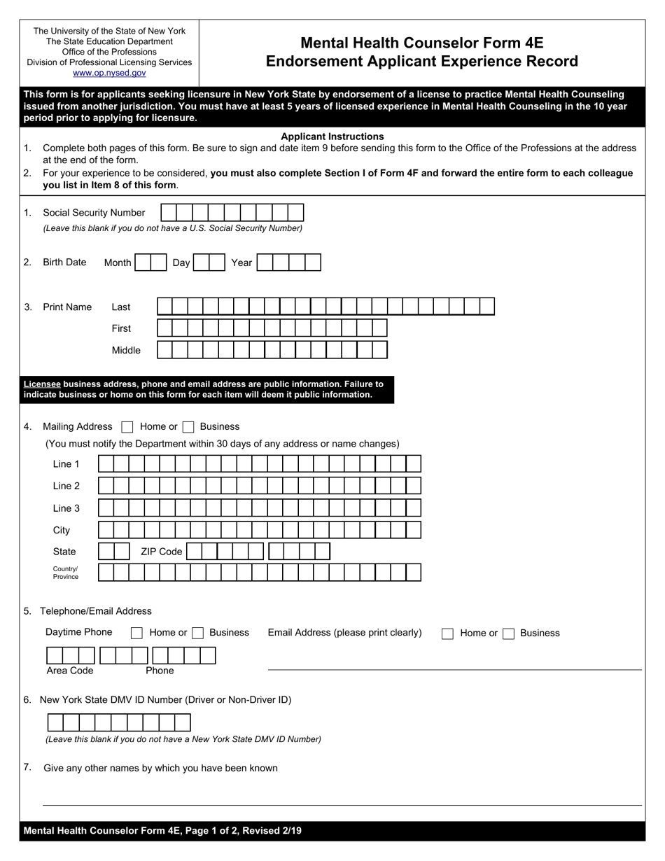 Mental Health Counselor Form 4E Endorsement Applicant Experience Record - New York, Page 1