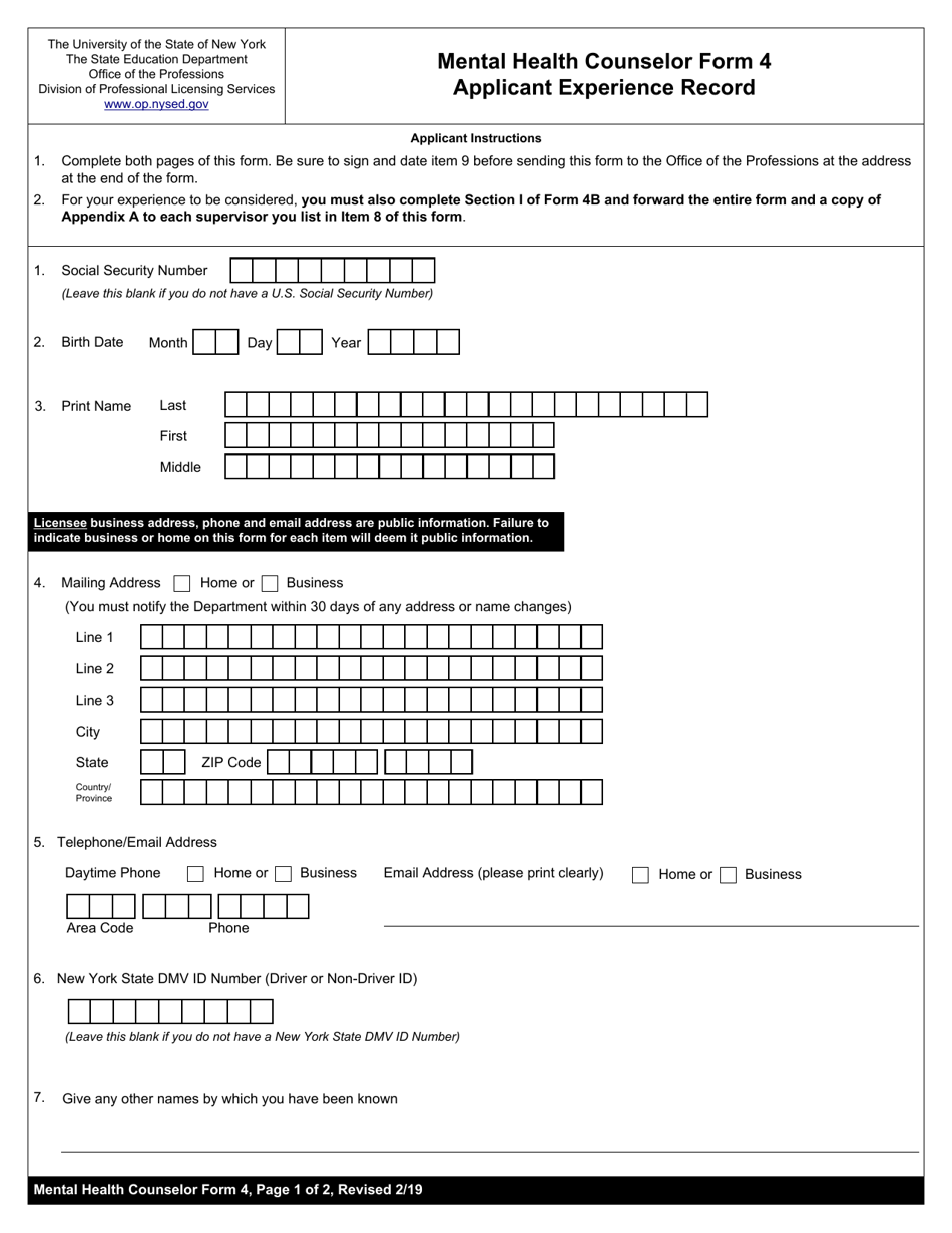 Mental Health Counselor Form 4 Application for Experience Record - New York, Page 1