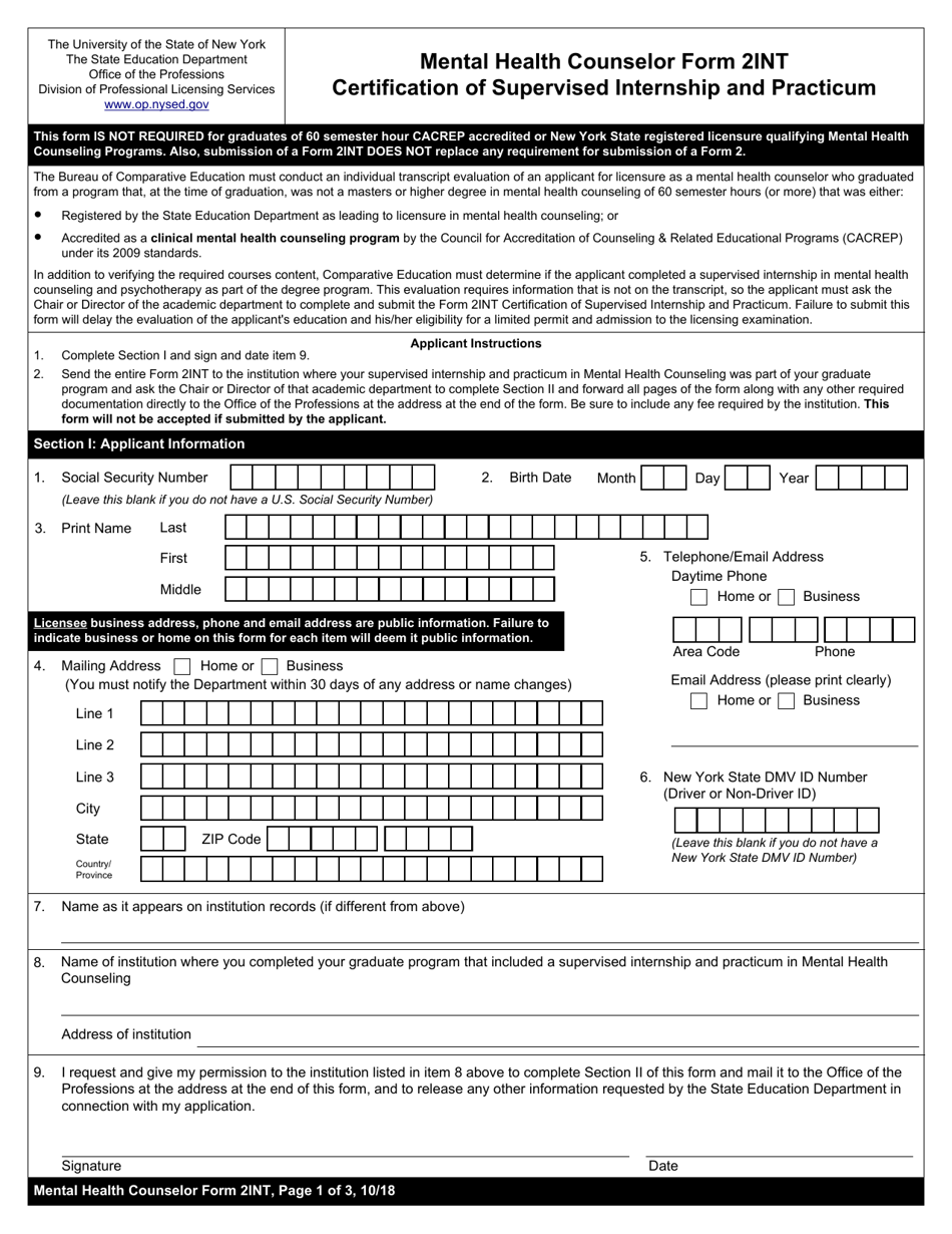 Mental Health Counselor Form 2INT Certification of Supervised Internship and Practicum - New York, Page 1