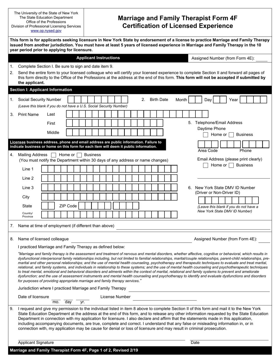 Marriage and Family Therapist Form 4F Certification of Licensed Experience - New York, Page 1