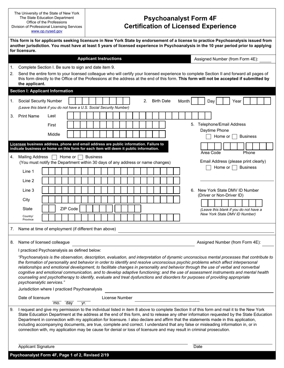 Psychoanalyst Form 4F Certification of Licensed Experience - New York, Page 1