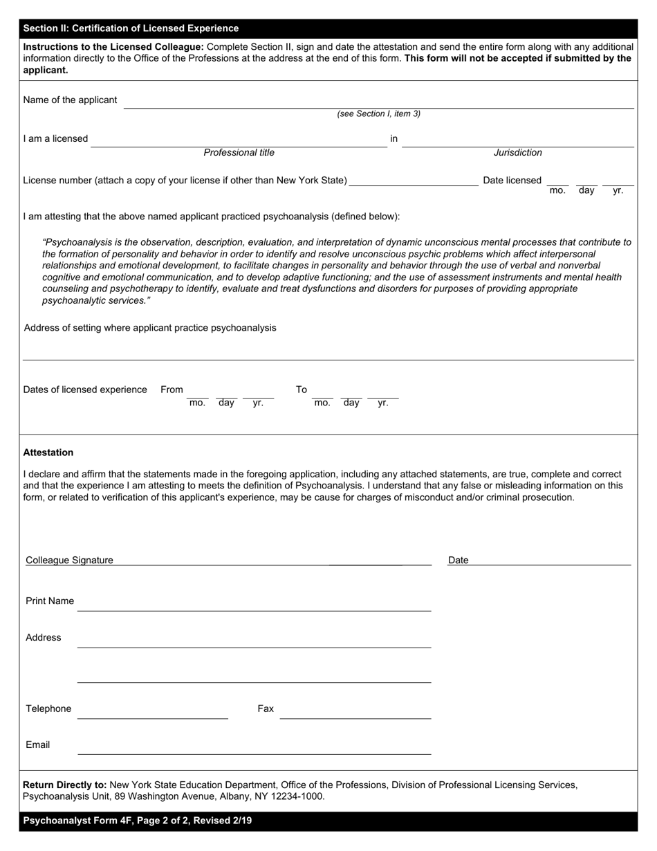 Psychoanalyst Form 4F Certification of Licensed Experience - New York, Page 2