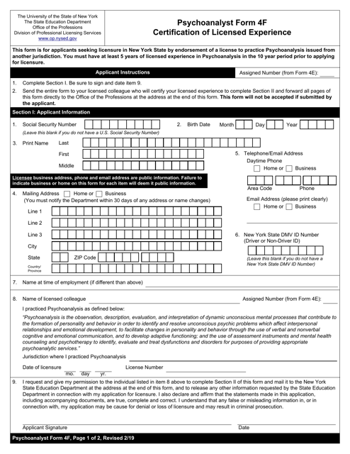 Psychoanalyst Form 4F  Printable Pdf